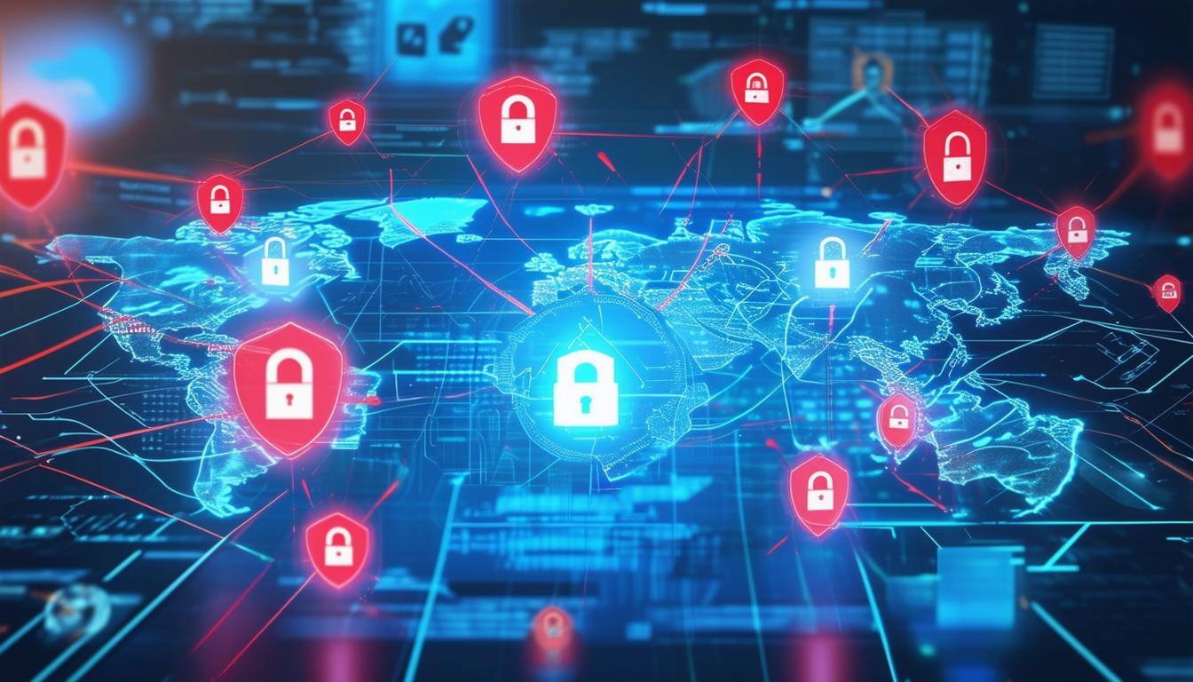 An image of a digital world with various threats facing small and mediumsized businesses, focusing on cybersecurity and protection against cyber attac