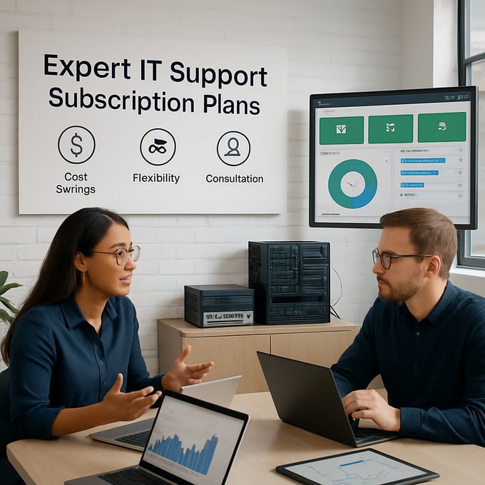 A modern office environment showcasing a seamless IT support system for small and medium enterprises SMEs In the foreground a diverse team of IT professionals including a woman and a man are engaged in a discussion around a sleek conference table wit
