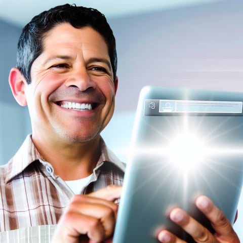 Un cliente sonriente mientras usa una tablet mostr