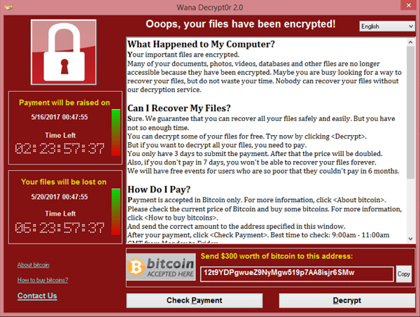Wana Decrypt0r 2.0 uno de los ransomware más temidos. Así es cómo se ve su pantalla de bloqueo luego de que infecta un dispositivo.